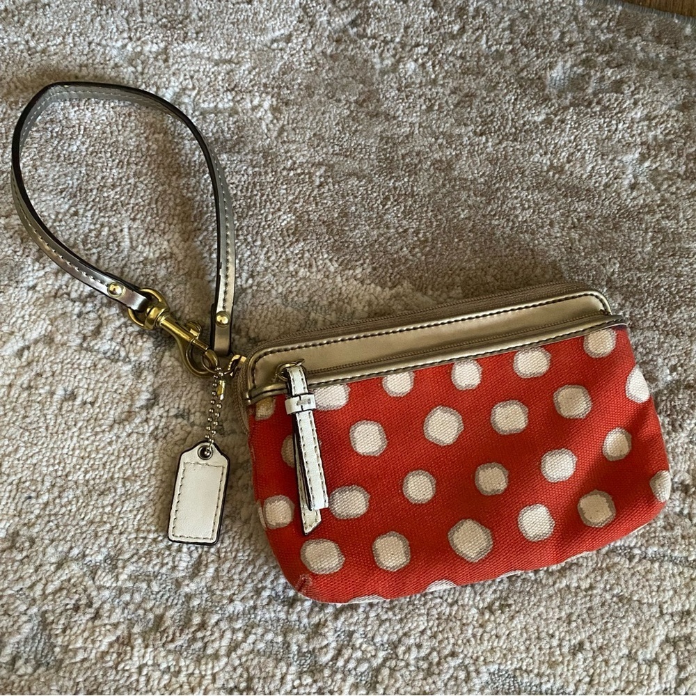 Coach Poppy Mini Dot Double Zip Wristlet Wallet Orange White Polka Dot Leather